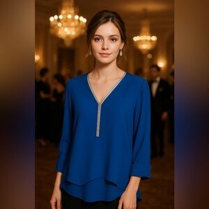 JM Collection Blue V-Neck Blouse with Rhinestone Trim